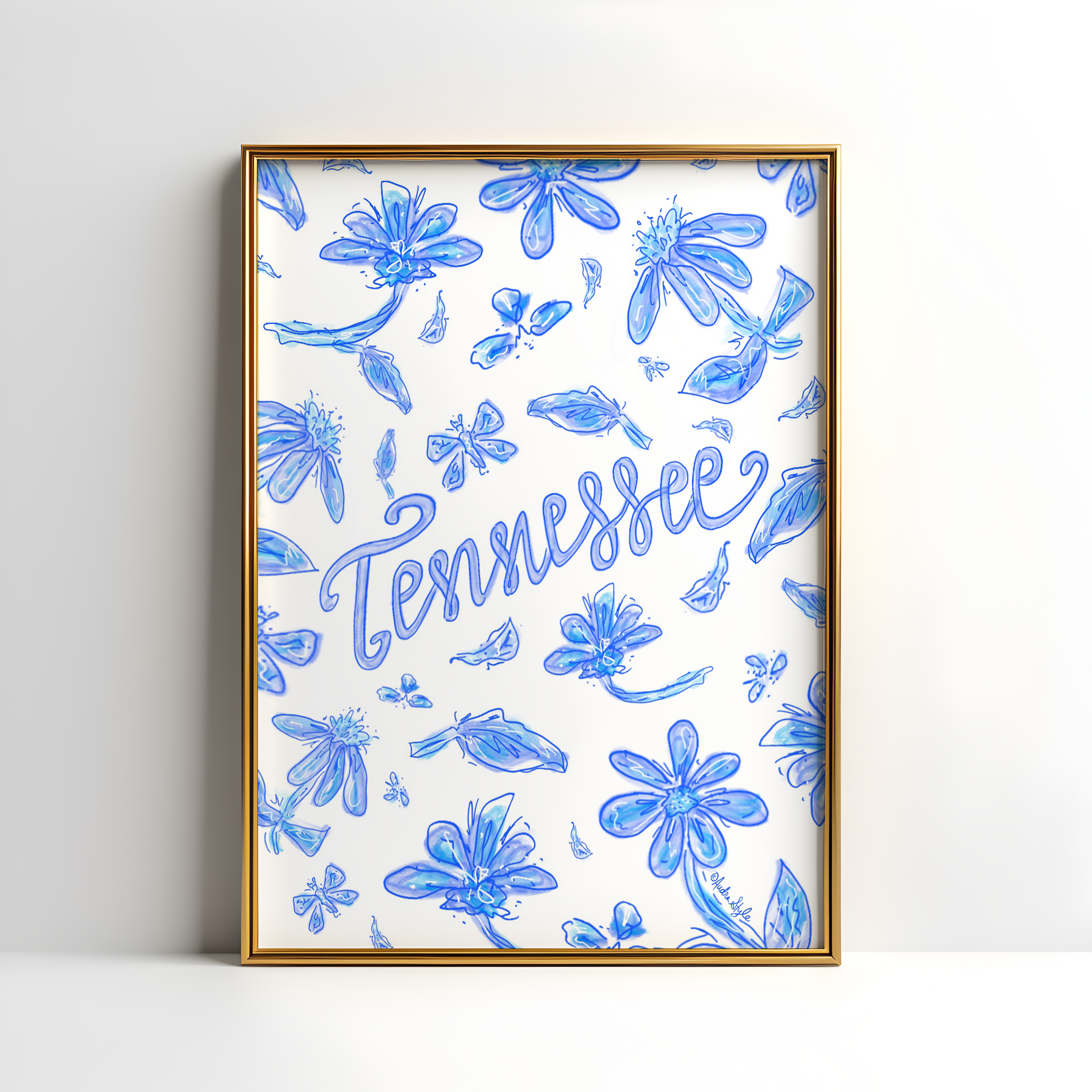 Tennessee Art Print on Paper or Canvas - State Pride, Hometown, Blue White Floral Wall Art Poster