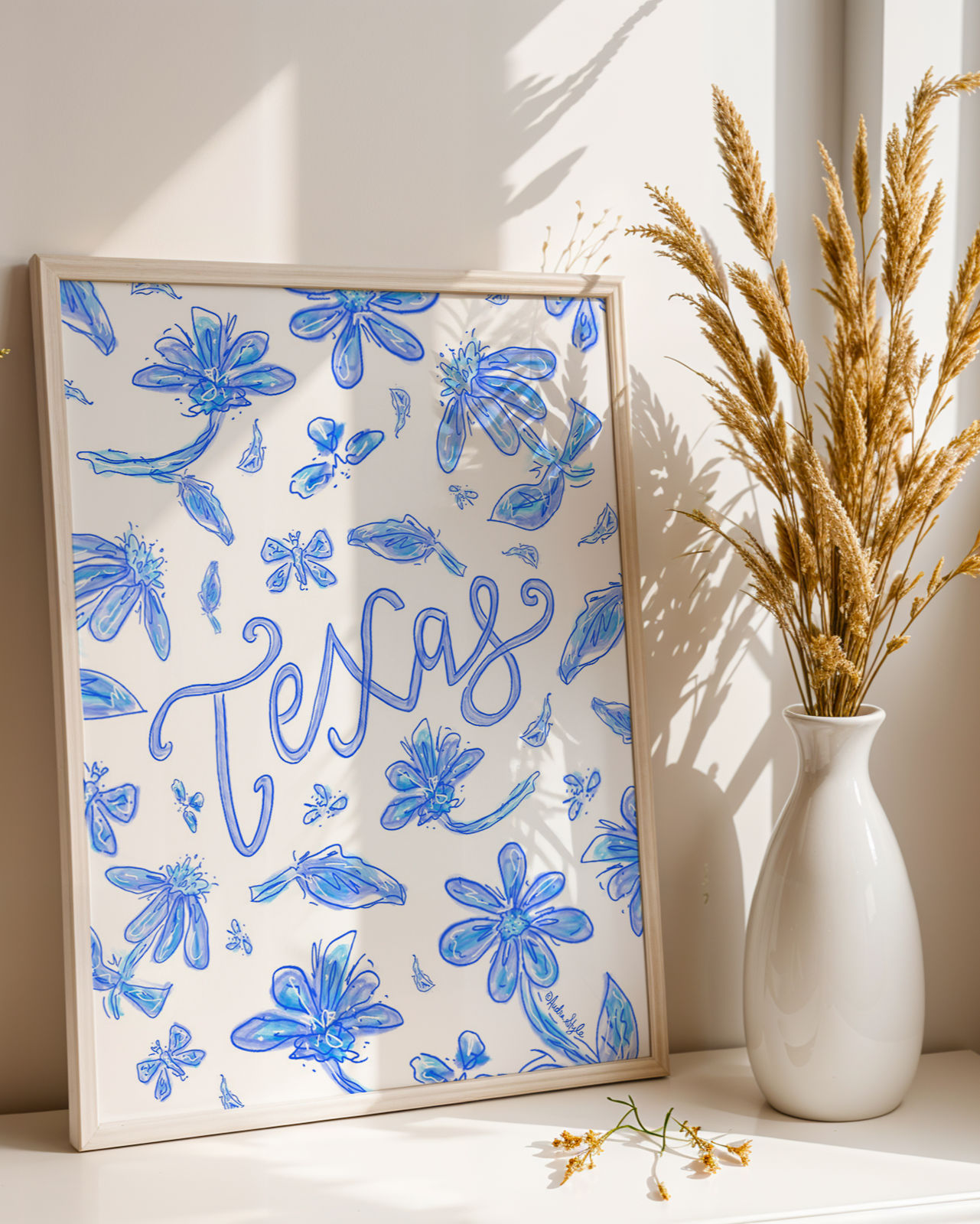 Texas Art Print on Paper or Canvas - State Pride, Hometown, Blue White Floral Wall Art Poster