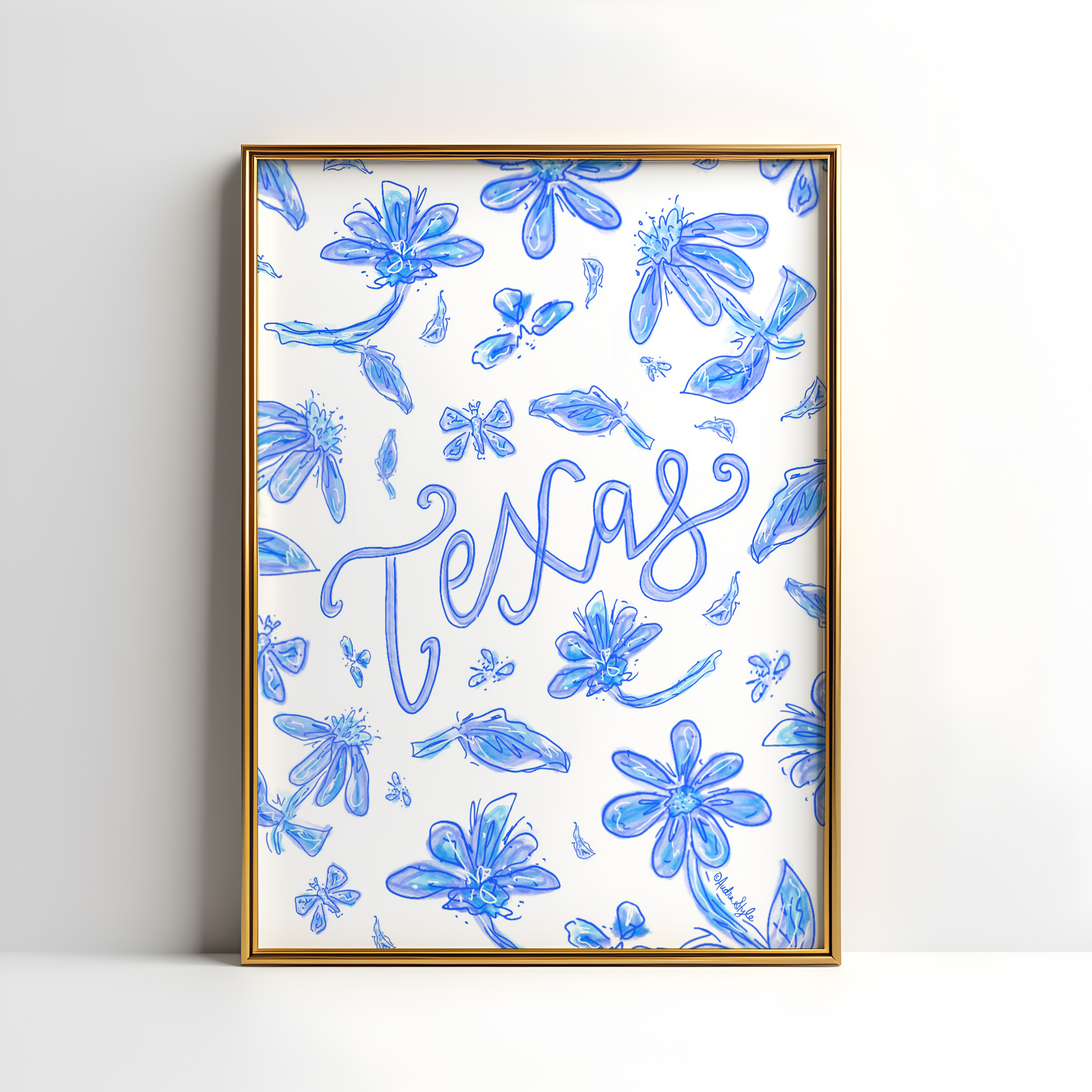 Texas Art Print on Paper or Canvas - State Pride, Hometown, Blue White Floral Wall Art Poster