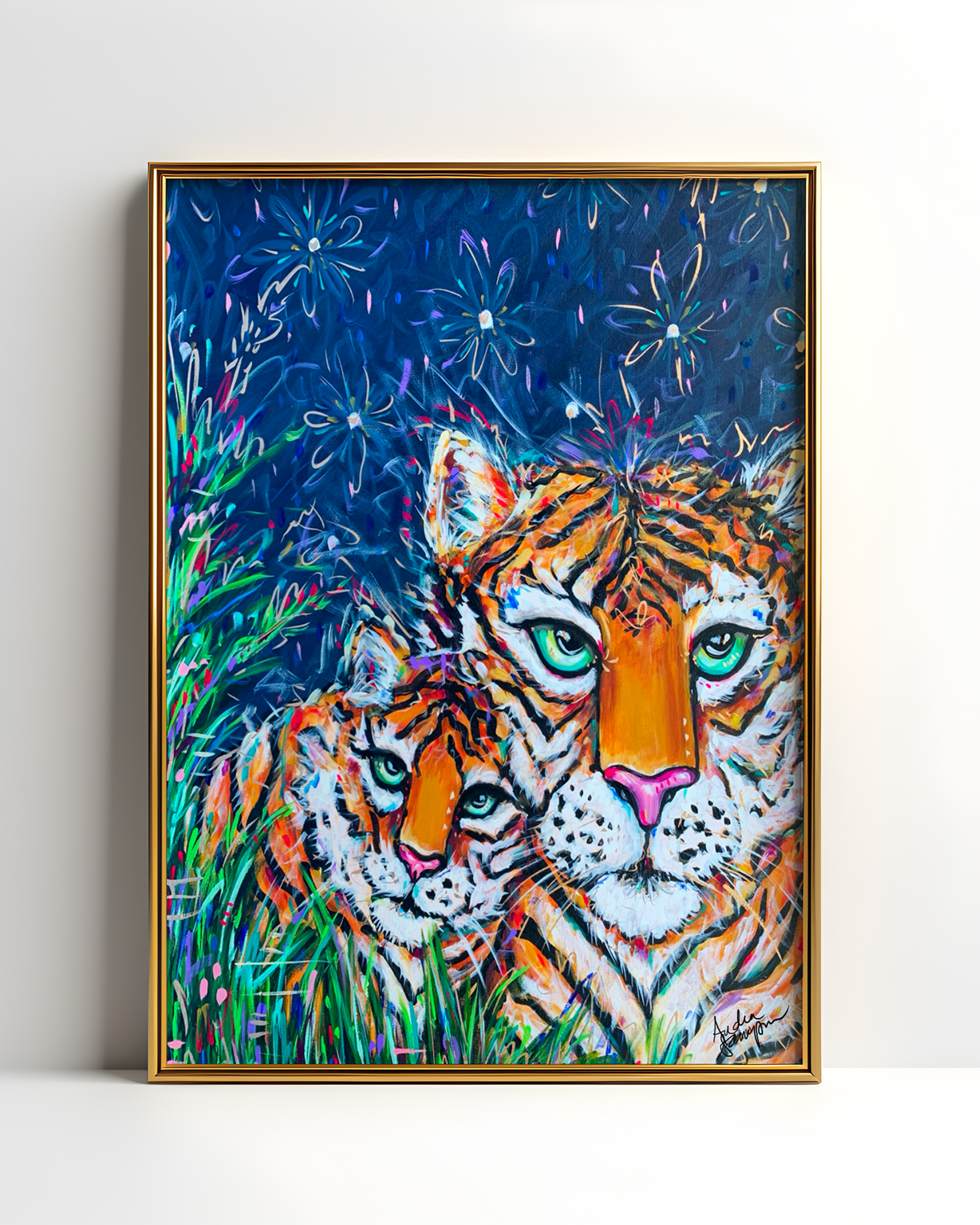 Tiger and Cub Art Print on Paper or Canvas - Maximalist Decor, Colorful Animal Wall Art Poster