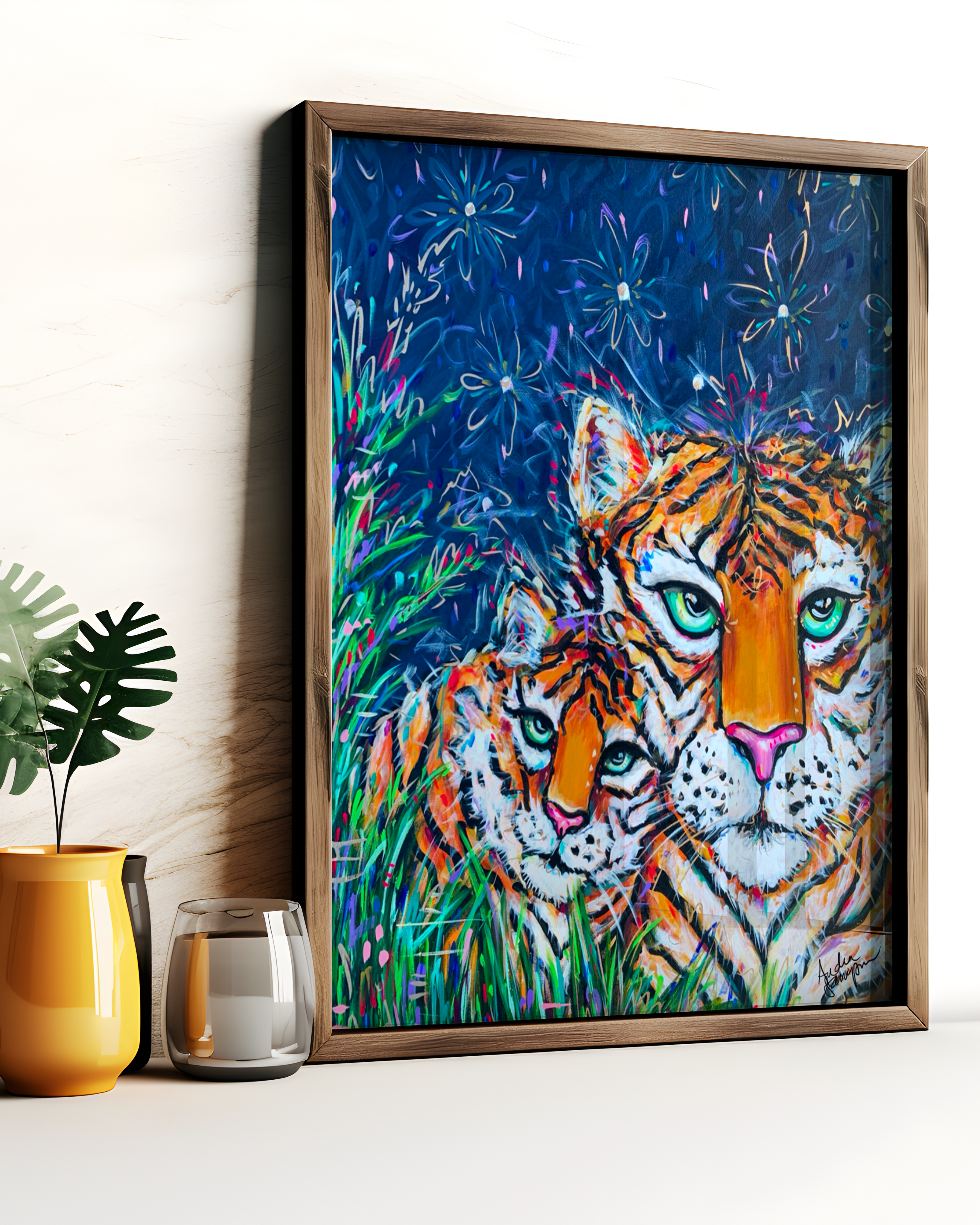 Tiger and Cub Art Print on Paper or Canvas - Maximalist Decor, Colorful Animal Wall Art Poster