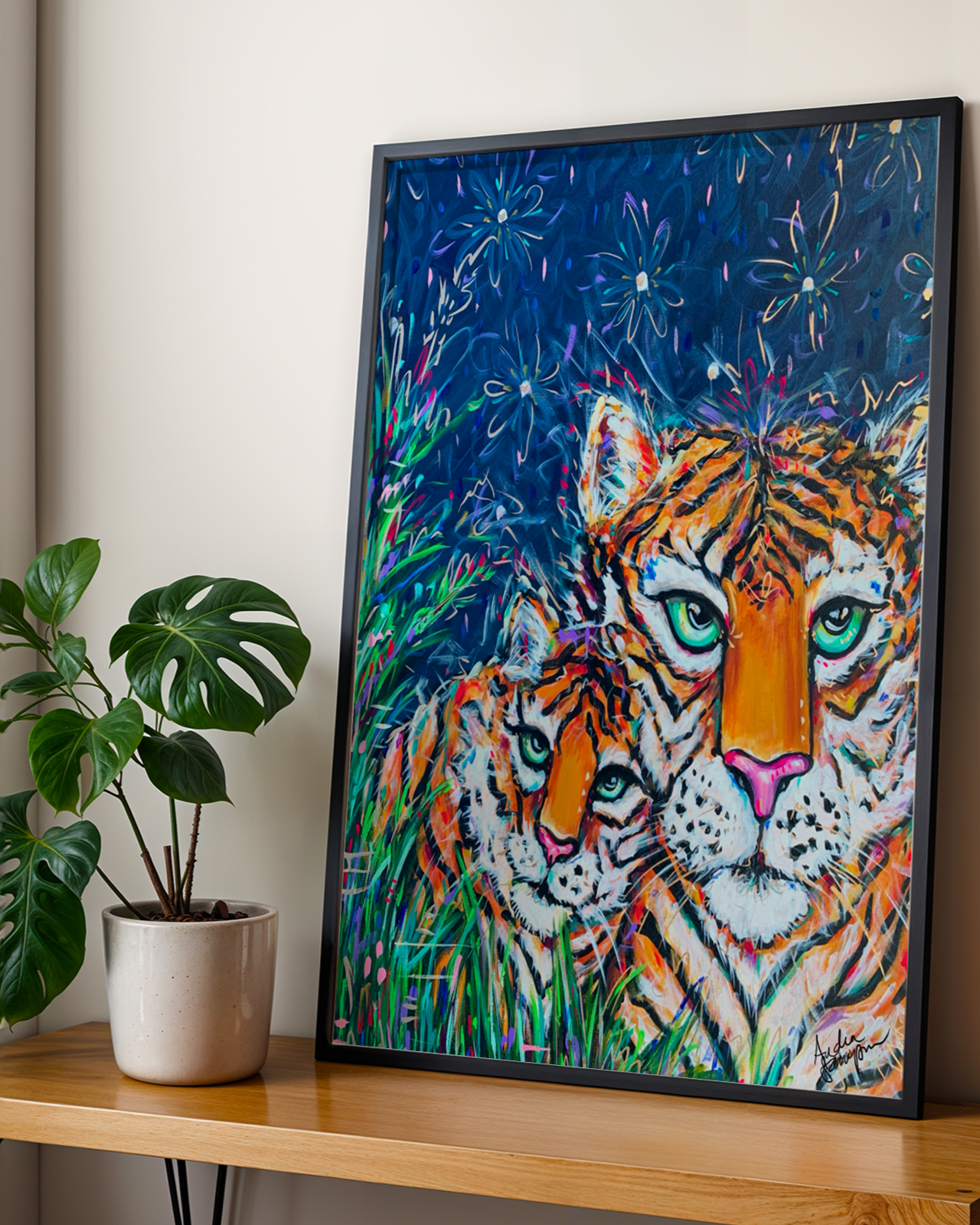 Tiger and Cub Art Print on Paper or Canvas - Maximalist Decor, Colorful Animal Wall Art Poster