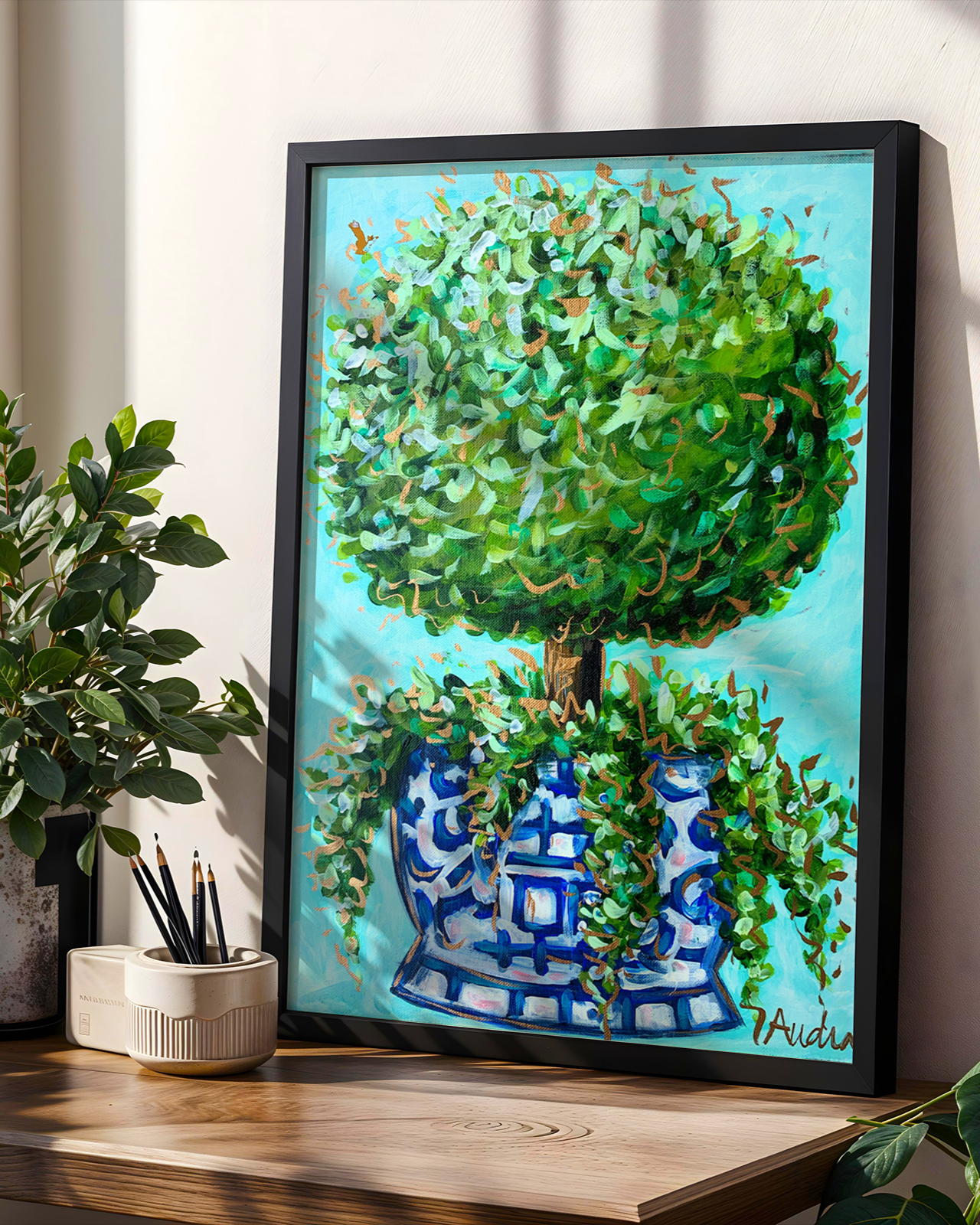 Topiary Art Print on Paper or Canvas - Blue and White Decor, Grand Millennial Wall Art Poster