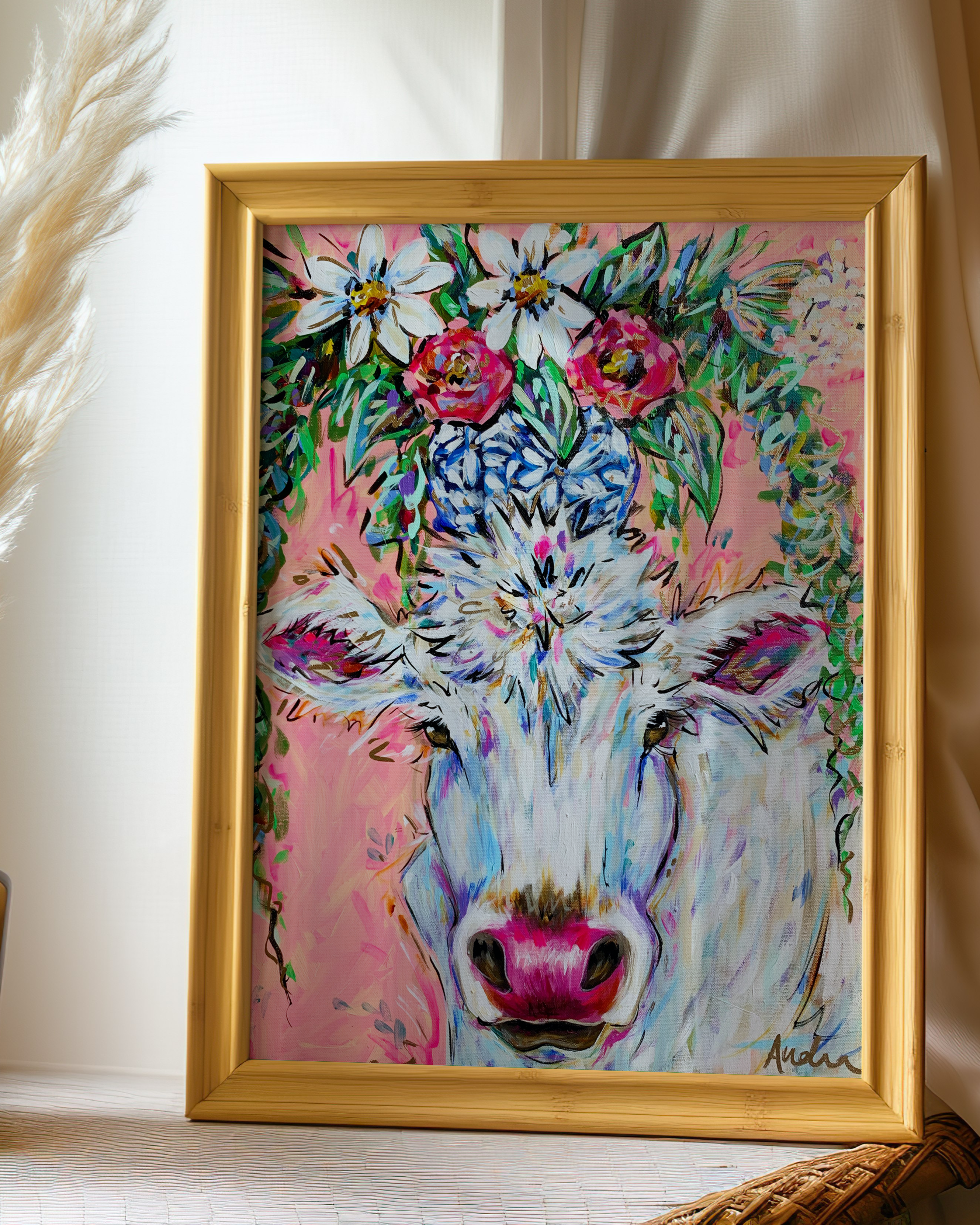 Cow Art Print on Paper or Canvas - Maximalist Decor, Farmhouse Art Poster, Colorful Floral Art Print