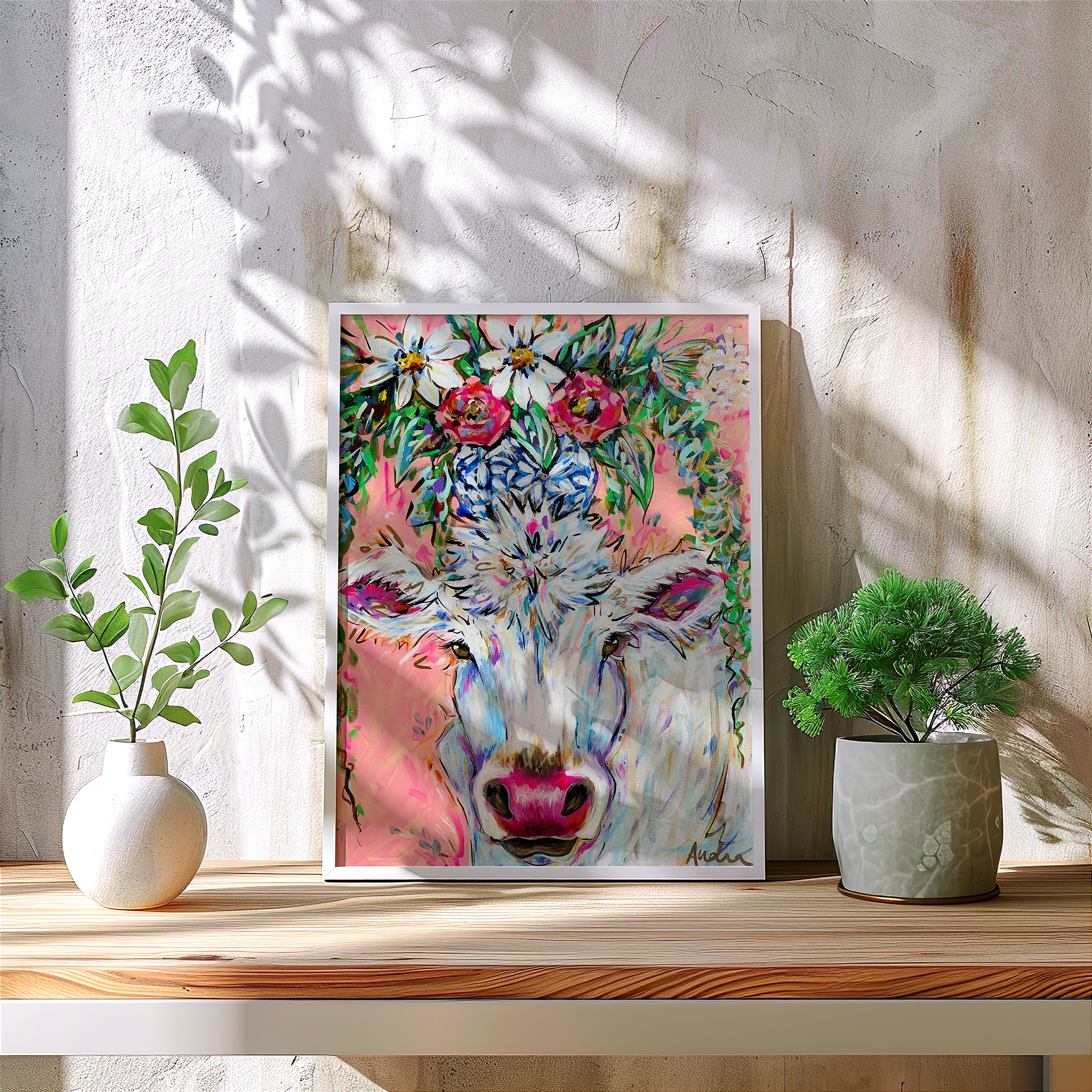 Cow Art Print on Paper or Canvas - Maximalist Decor, Farmhouse Art Poster, Colorful Floral Art Print