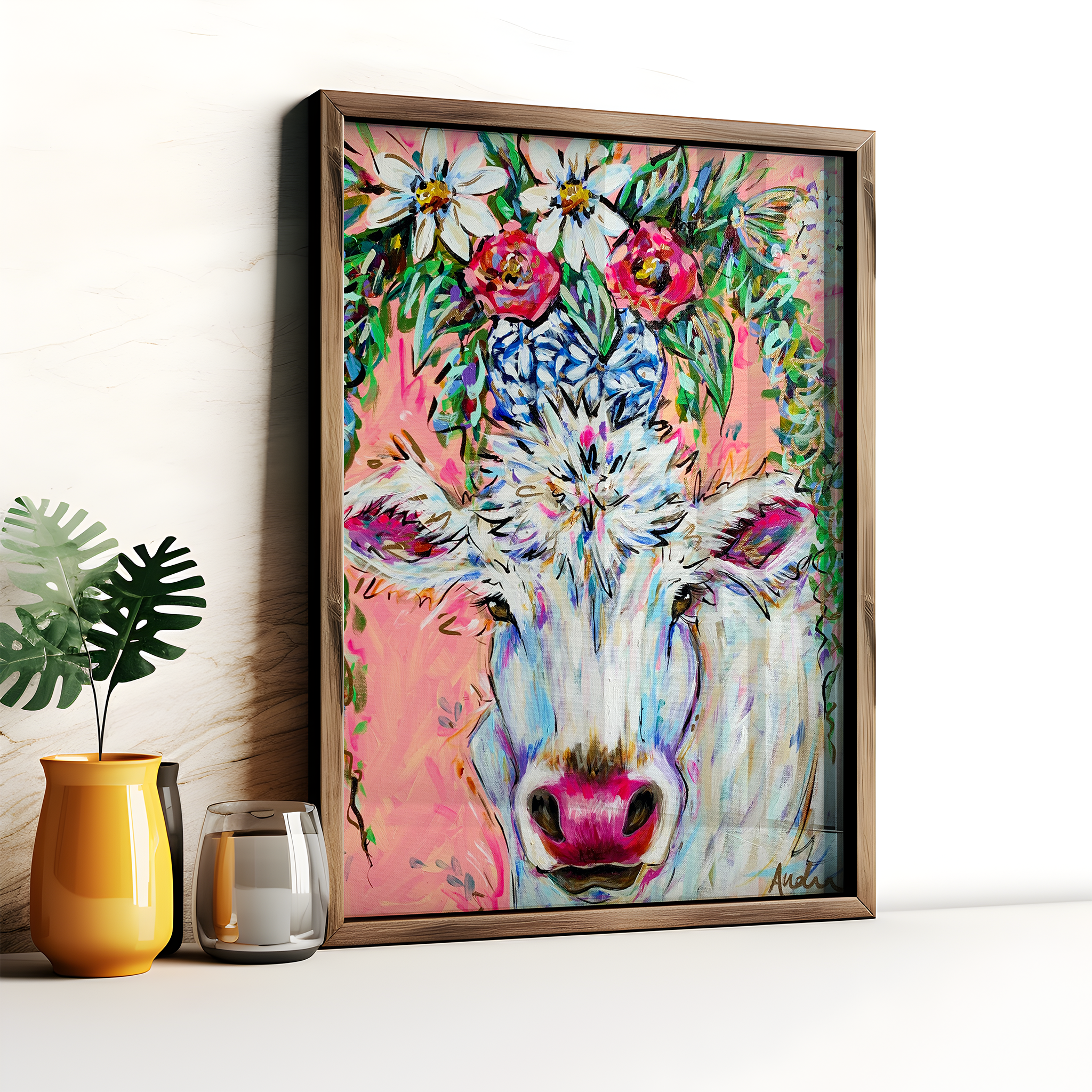 Cow Art Print on Paper or Canvas - Maximalist Decor, Farmhouse Art Poster, Colorful Floral Art Print