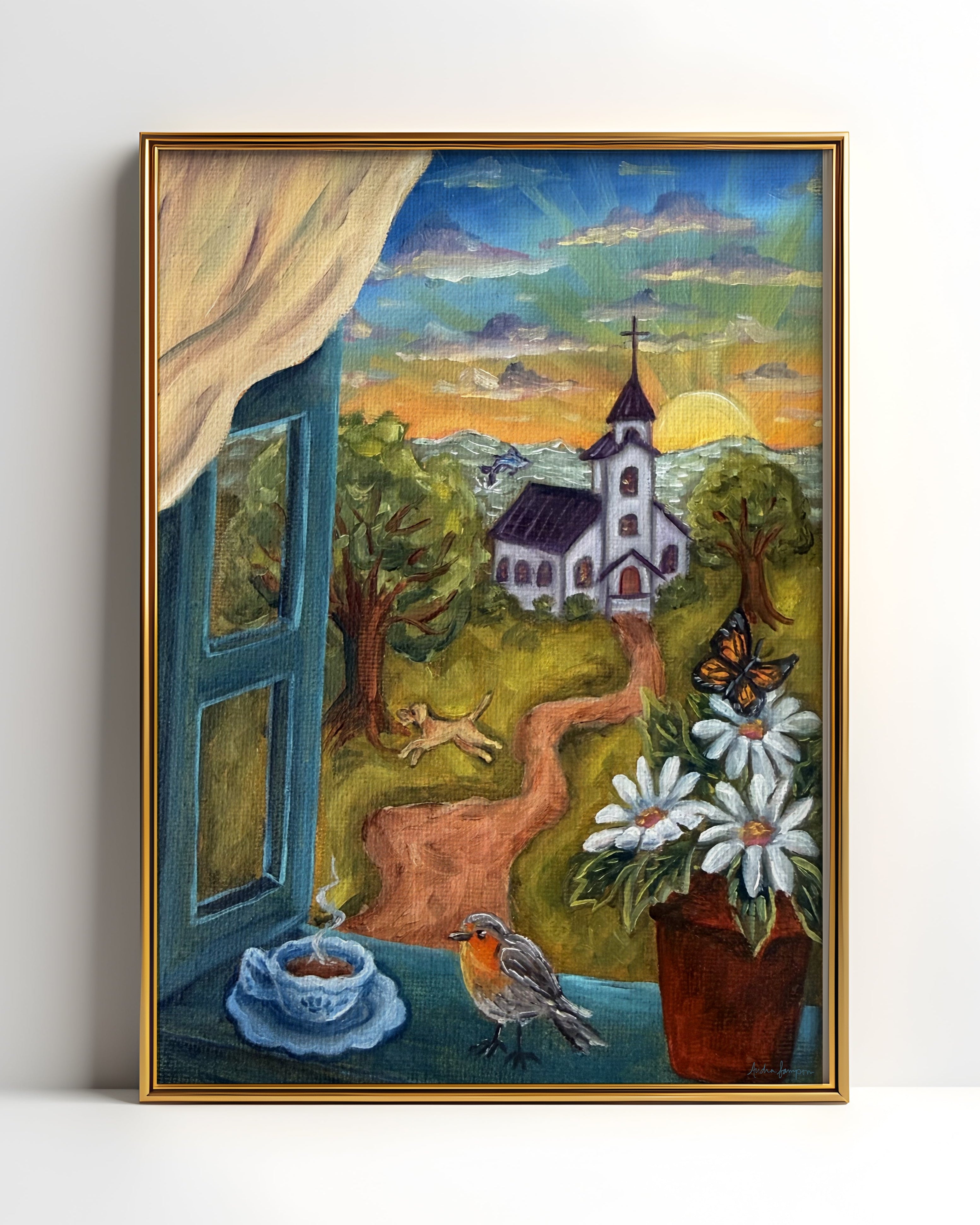Windowsill Church Sunrise Art Print | Bold Colorful Southern Wall Art