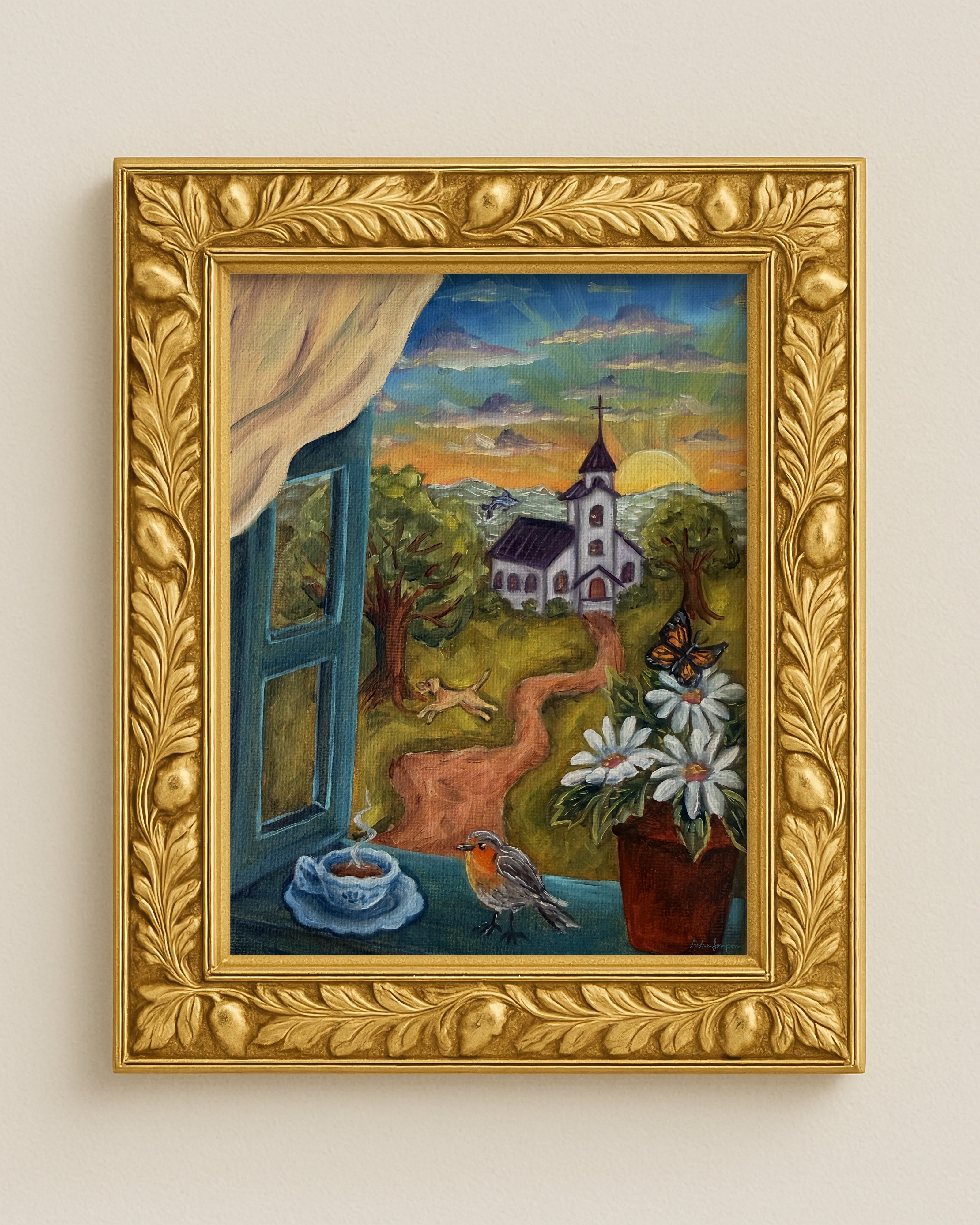 Windowsill Church Sunrise Art Print | Bold Colorful Southern Wall Art