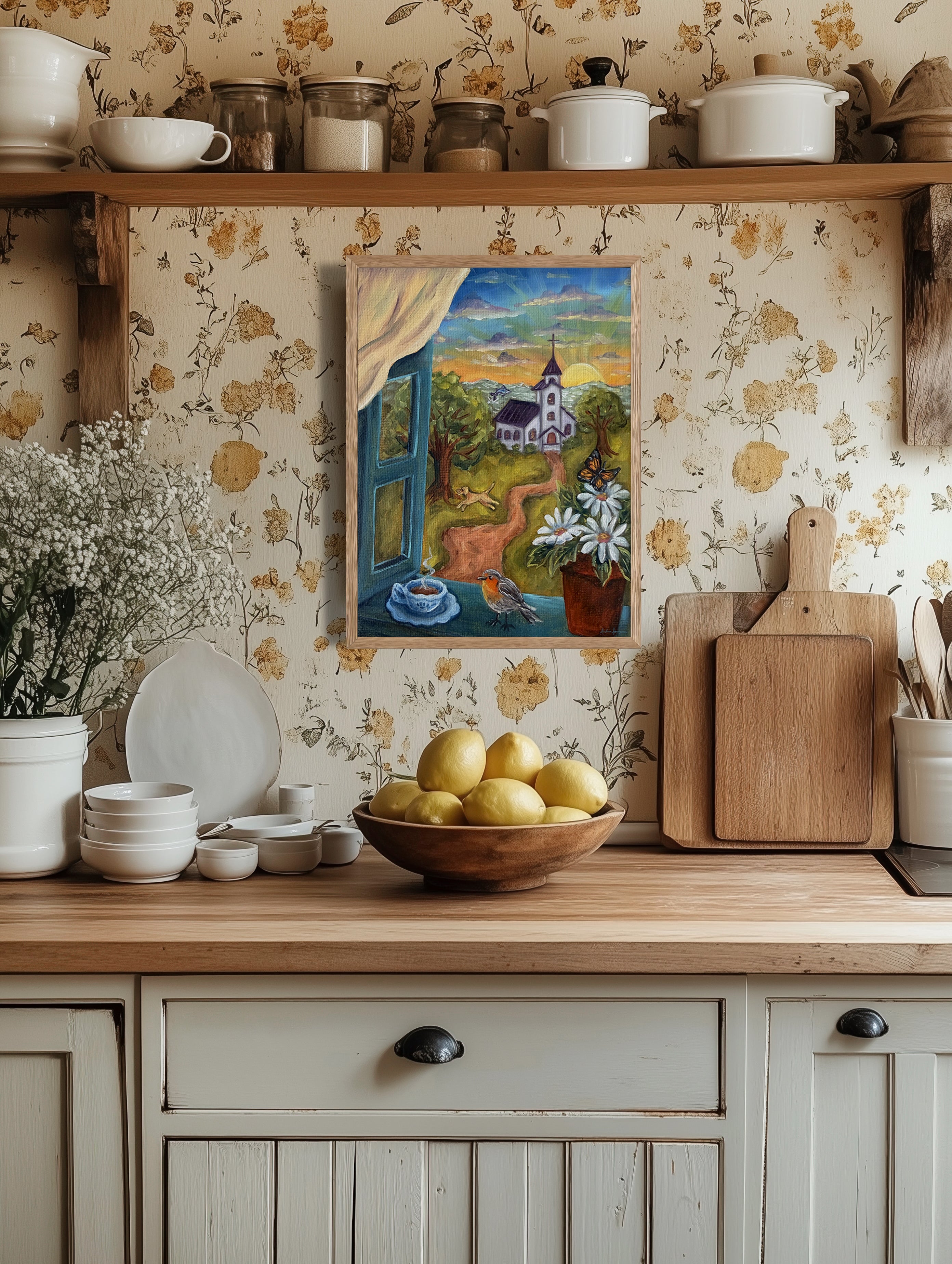 Windowsill Church Sunrise Art Print | Bold Colorful Southern Wall Art