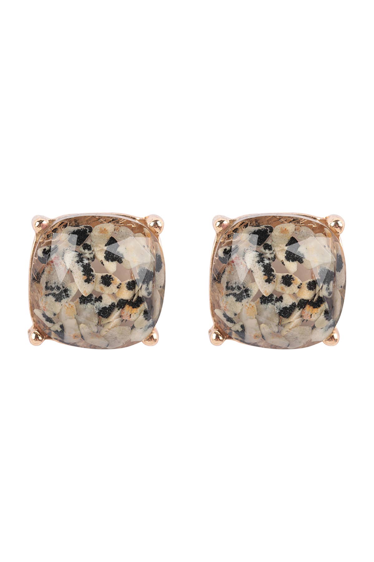 ME3199 - CUSHION CUT SEMI STONE EPOXY STUD EARRINGS: DALMATIAN