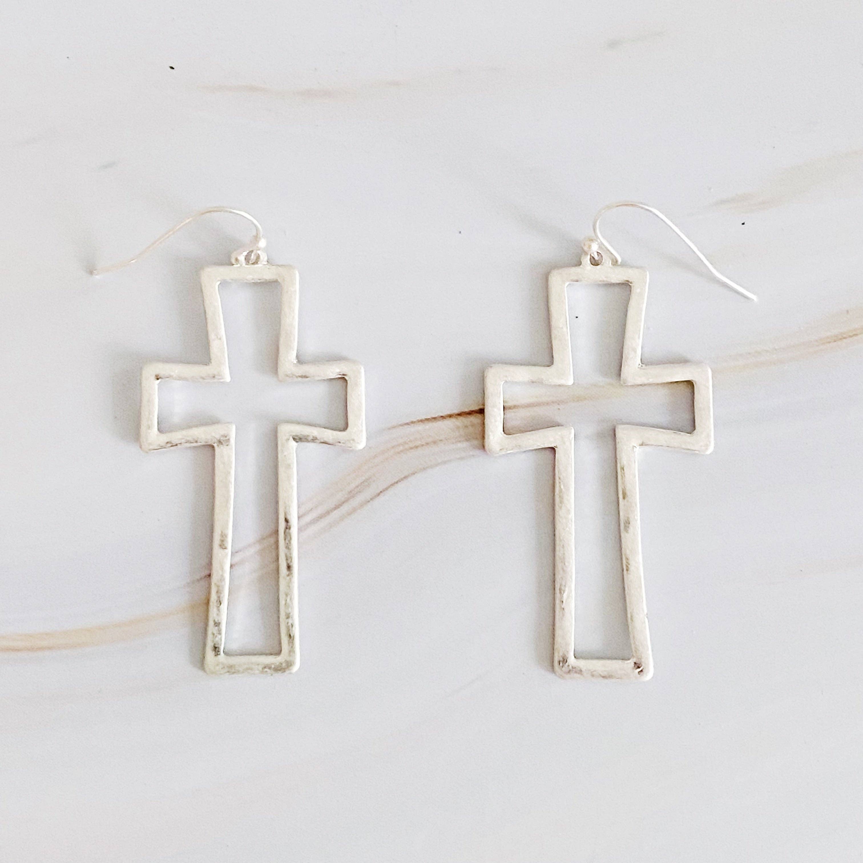 Dangle Cross Outlined Earrings: Silver