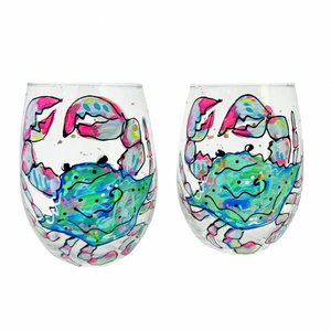 Hand Painted Blue Crab Stemless Wine Glass