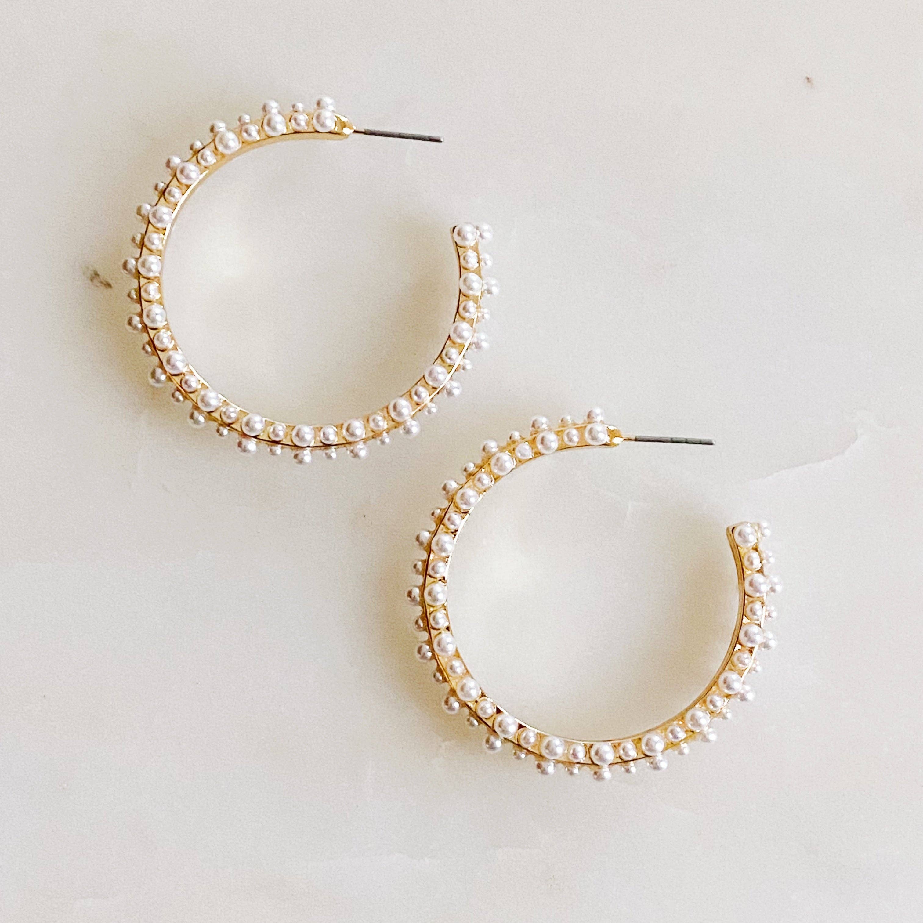 Delicate Pearl Deco Hoop Earrings