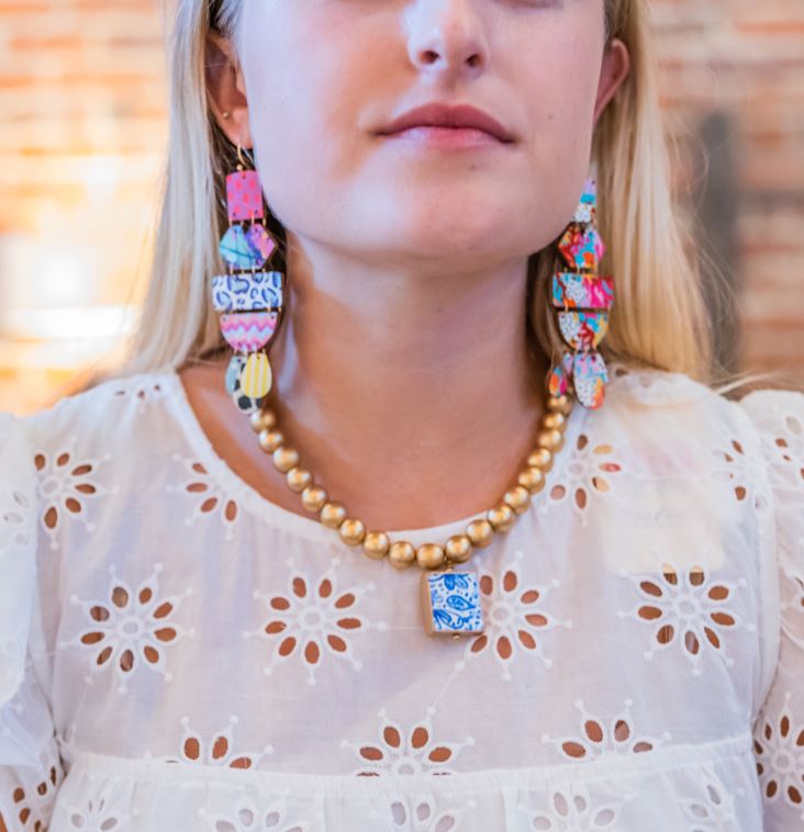 Gold Beaded Necklace -Blue and White Pendant - Stretchy