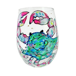 Hand Painted Blue Crab Stemless Wine Glass