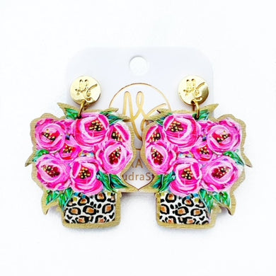 Flower earrings. Pink roses in leopard vase earrings. 