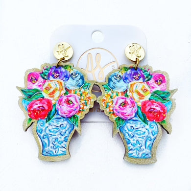 Flower earrings for women! Colorful bouquet in a blue and white jar Earrings