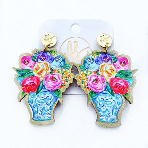 Flower earrings for women! Colorful bouquet in a blue and white jar Earrings