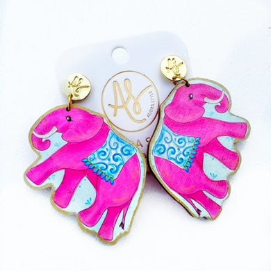 Pink elephant jewelry statement earrings. Handmade in North Carolina from Original Artwork.