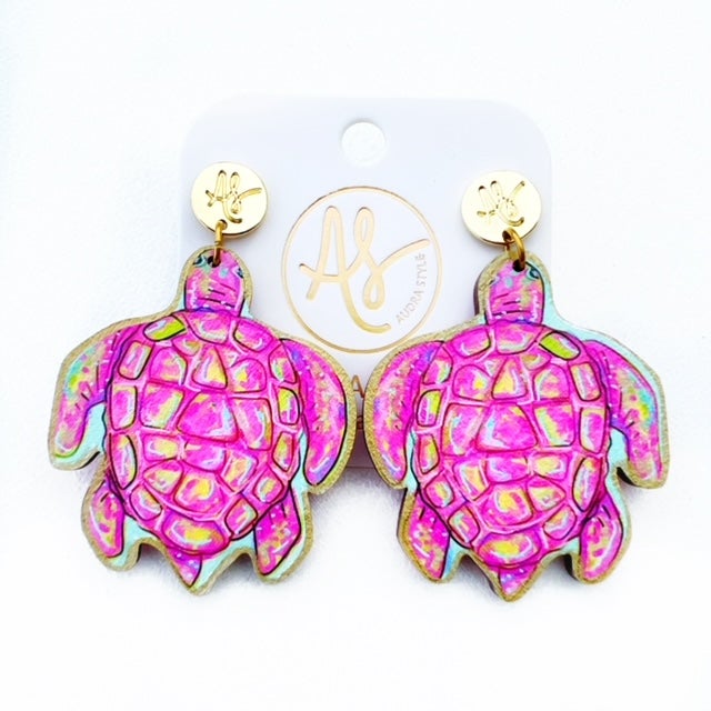 Pink Sea Turtle Earrings. Designed from original artwork  by North Carolina native artist. Handmade in North Carolina. Perfect earrings for sensitve ears. 