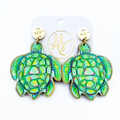 Green Sea Turtle Earrings. Designed from original artwork by North Carolina native artist. Handmade in North Carolina. Perfect earrings for sensitve ears.