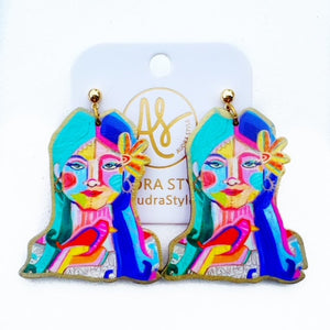 Colorful female figure earrings. Dangle earrings for women, unique and bold statement earrings.