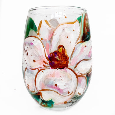 Hand Painted Magnolia Stemless Wine Glass