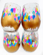 Load image into Gallery viewer, Bright Colorful Brushstrokes and Gold Abstract Stemless Wine Glass