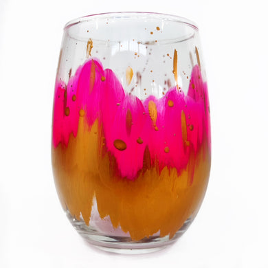 Hot Pink and Gold Abstract Stemless Wine Glass