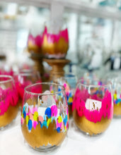 Load image into Gallery viewer, Bright Colorful Brushstrokes and Gold Abstract Stemless Wine Glass