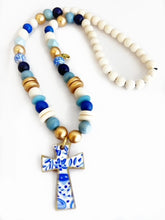 Load image into Gallery viewer, Blue and White Cross Pendant Beaded Necklace