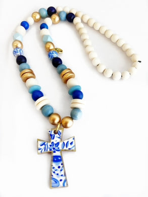 Blue and White Cross Pendant Beaded Necklace