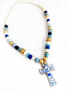 Blue and White Cross Pendant Beaded Necklace
