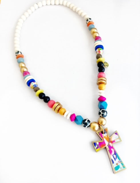 Abstract Cross Pendant Beaded Necklace