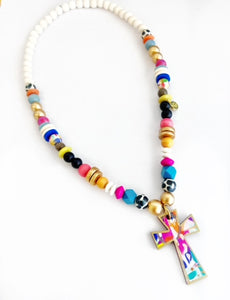 Abstract Cross Pendant Beaded Necklace