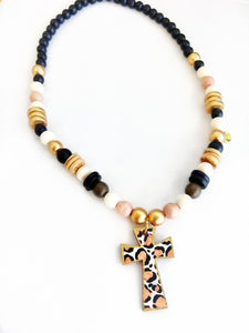 Leopard Cross Pendant Beaded Necklace