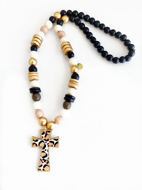 Leopard Cross Pendant Beaded Necklace