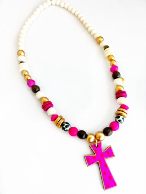 Pink Red Dot Cross Pendant Beaded Necklace