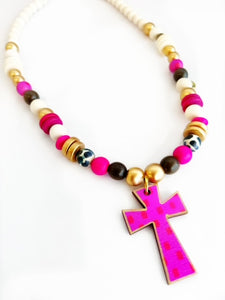 Pink Red Dot Cross Pendant Beaded Necklace