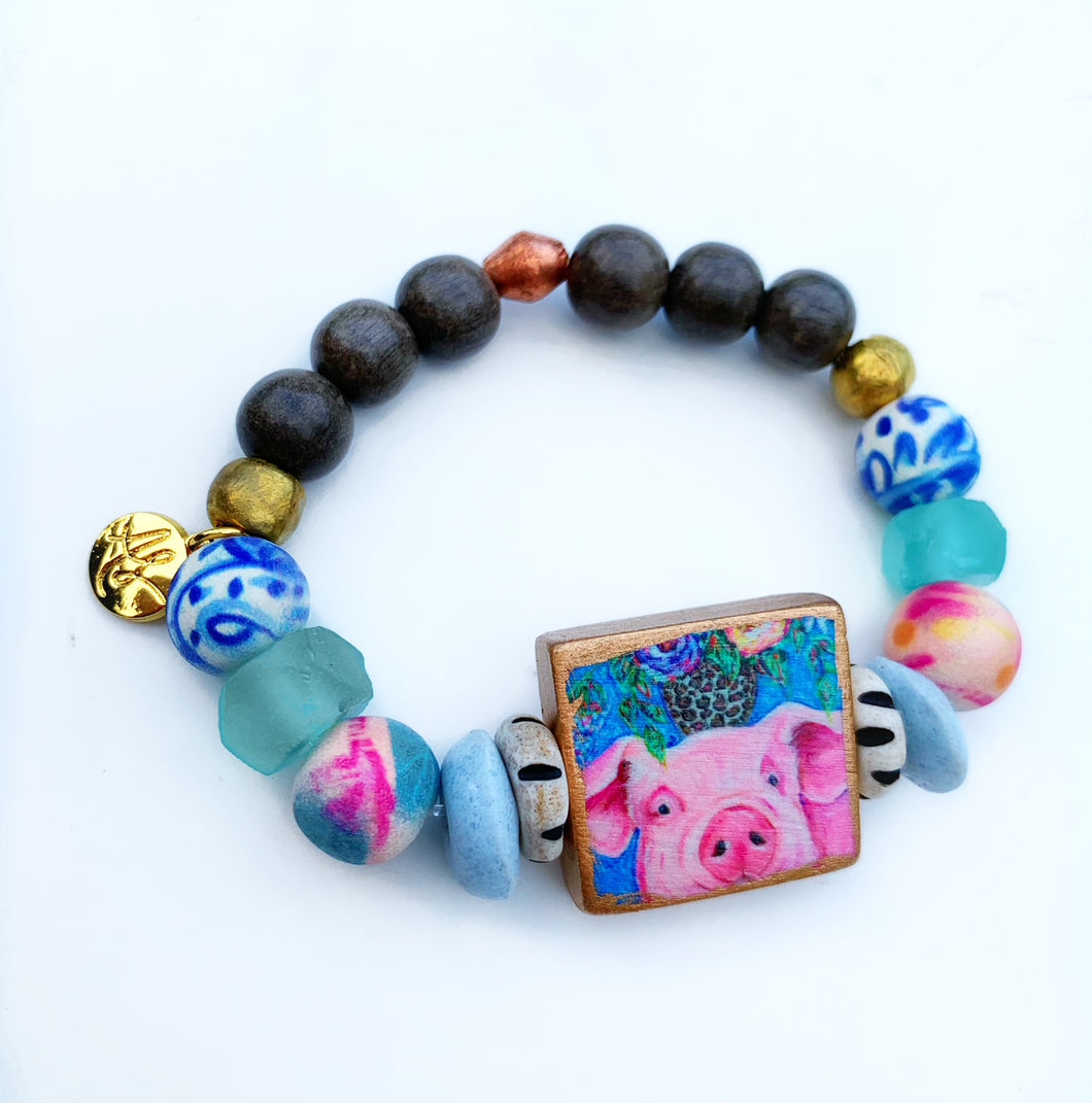 Audra Style™ Pig Focal Bead Mixed Media Bracelet