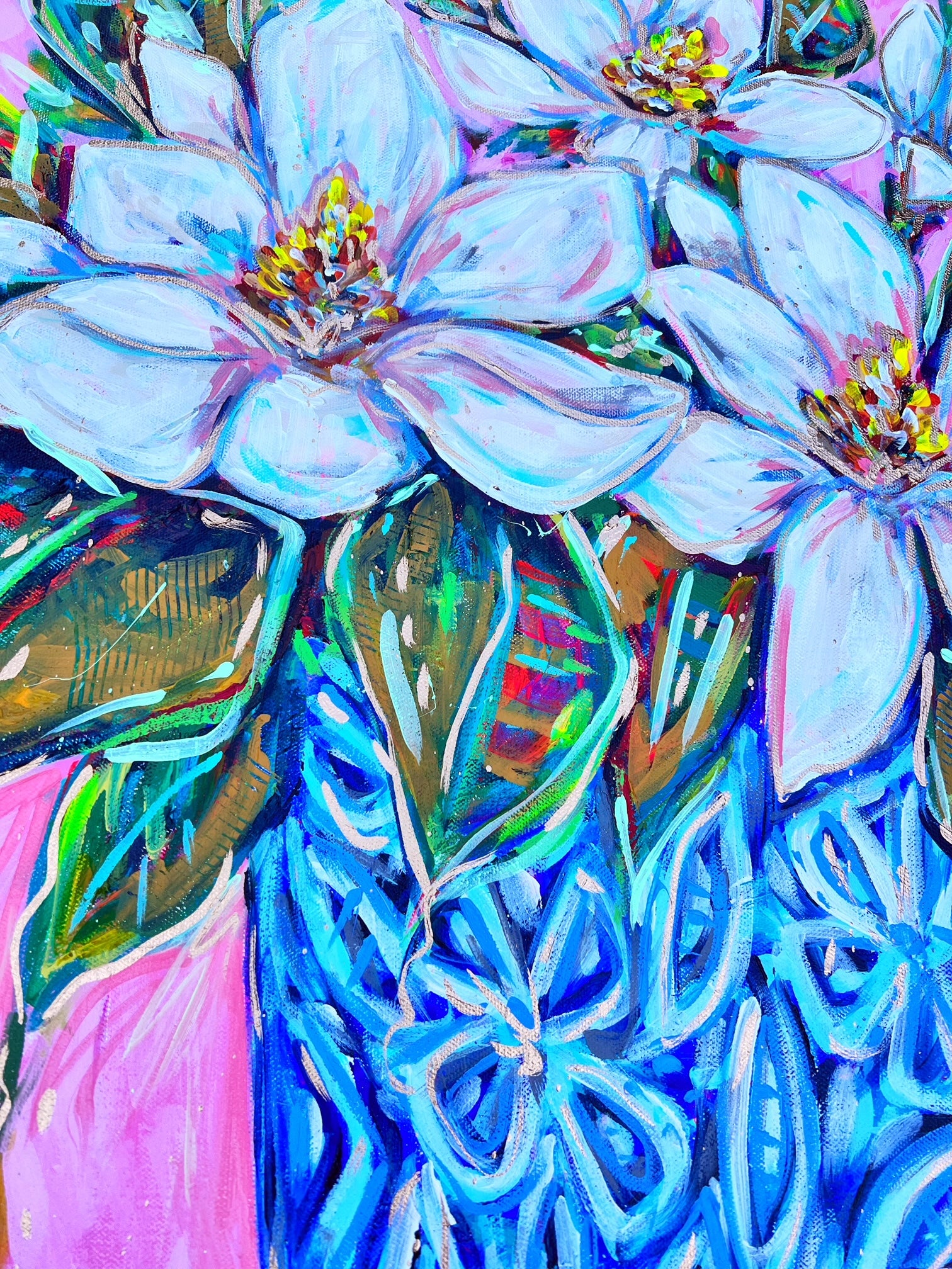 "Never Ending" 24"x24" Magnolias in Blue and White Vase Original on Canvas