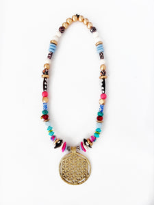 Beaded Large Brass Lattice Circle Pendant Necklace - Bright Color Mix