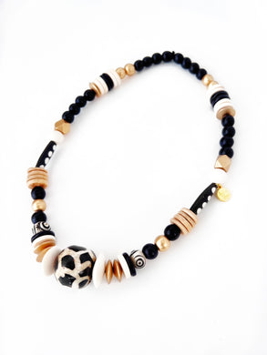 Beaded Black and White Giraffe Print Focal Bead Necklace - Black and White
