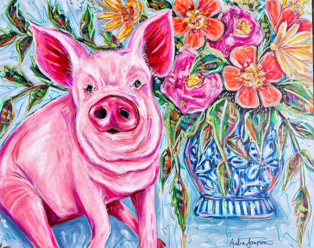 Petunia Pig with Bouquet Canvas