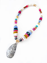 Load image into Gallery viewer, Beaded Pewter Oyster Shell Pendant Necklace - Bright Color Mix