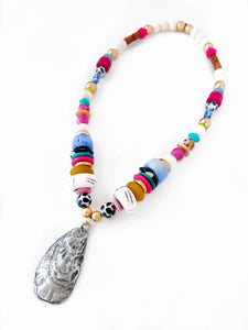 Beaded Pewter Oyster Shell Pendant Necklace - Bright Color Mix
