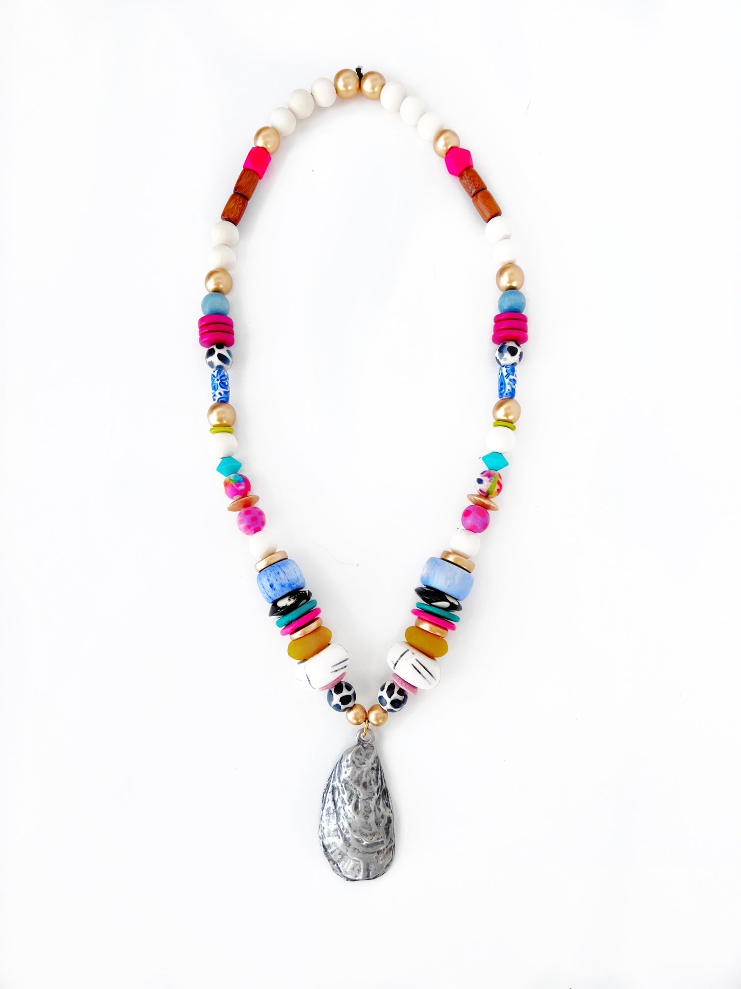 Beaded Pewter Oyster Shell Pendant Necklace - Bright Color Mix