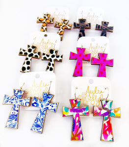 Cross Dangle Earring- Blue and White Floral Print