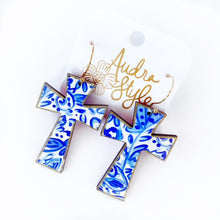 Load image into Gallery viewer, Cross Dangle Earring- Blue and White Floral Print