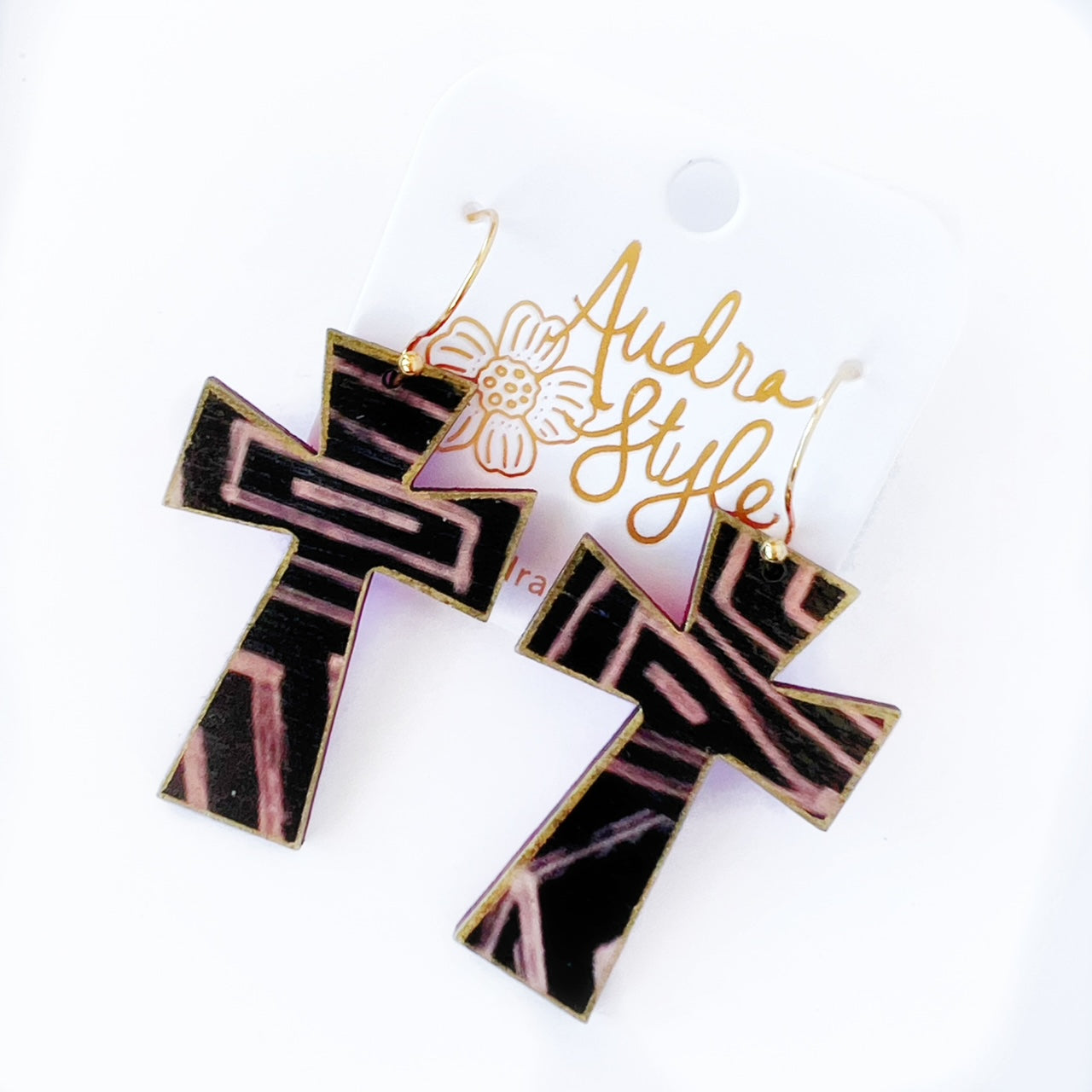 Cross Dangle Earring- Black Geo Lines Print